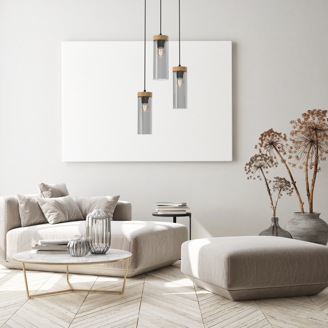 Elica Hand Made Designer Pendant Lamp With Elegant Smoked Glass Cylindrical Shades Circular Fitting