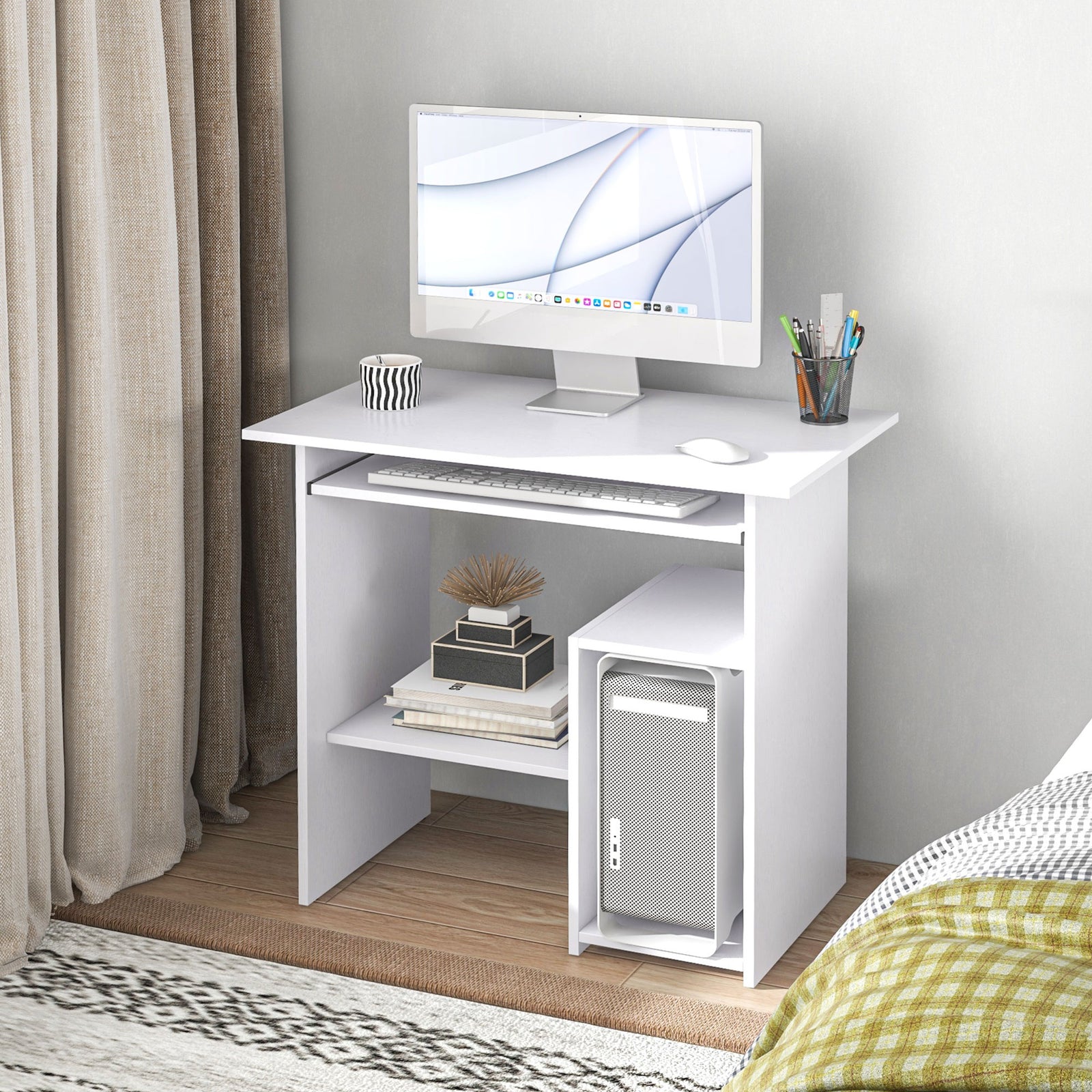 Compact Computer Table, Keyboard Tray | White
