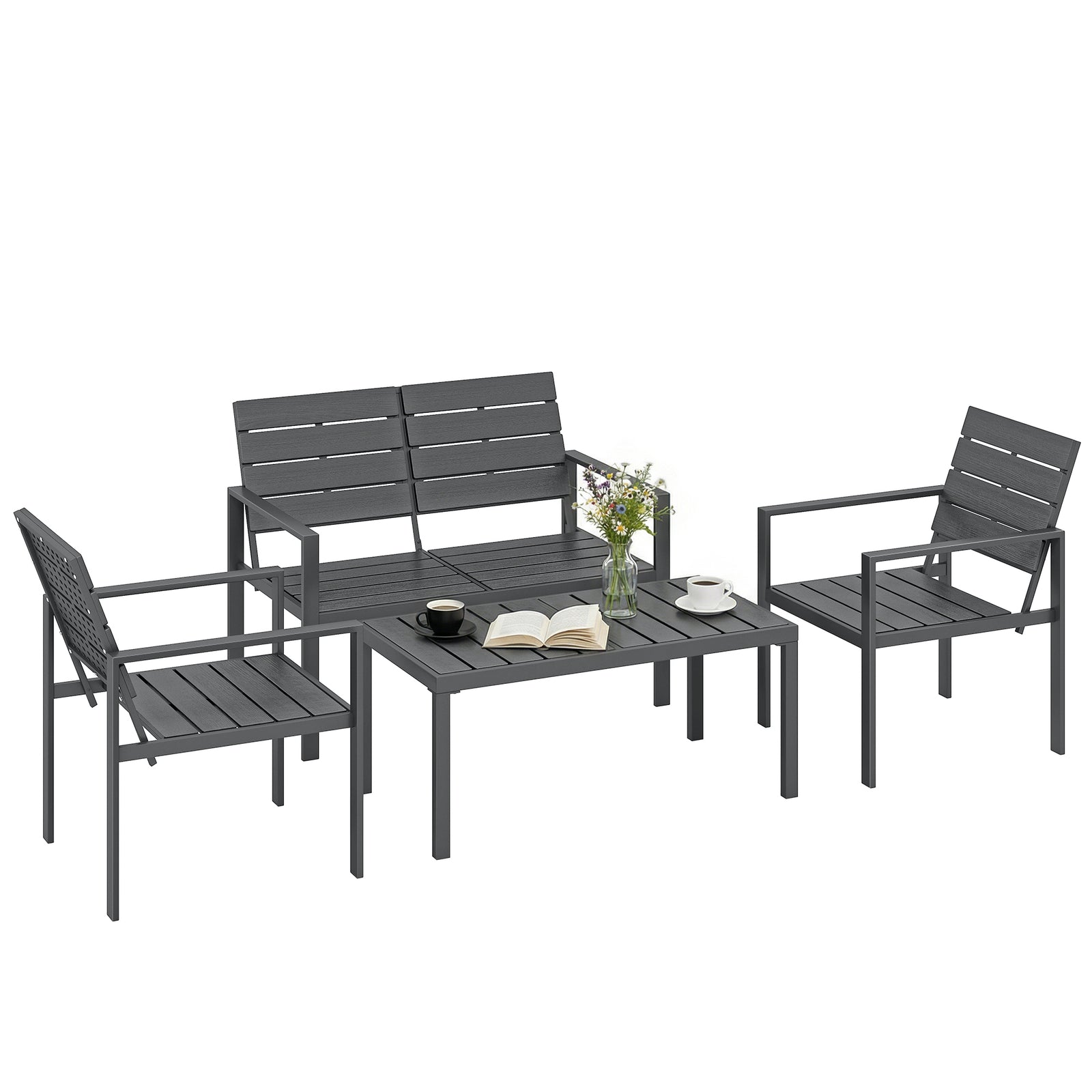 4 Piece Garden Furniture Set, Hdpe Metal Outdoor Sofa | Dark Grey