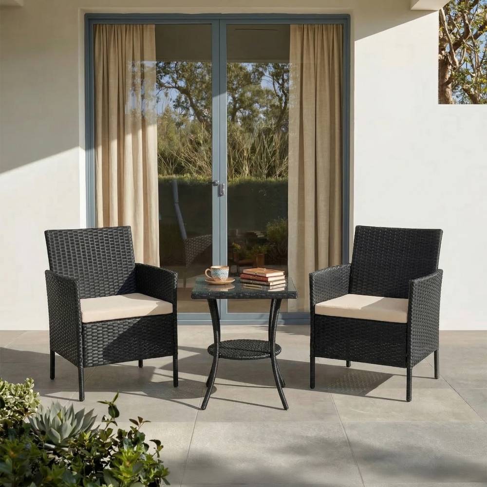 3-piece Pe Rattan Garden Furniture Set, Outdoor Patio Table And Chairs Set | Black