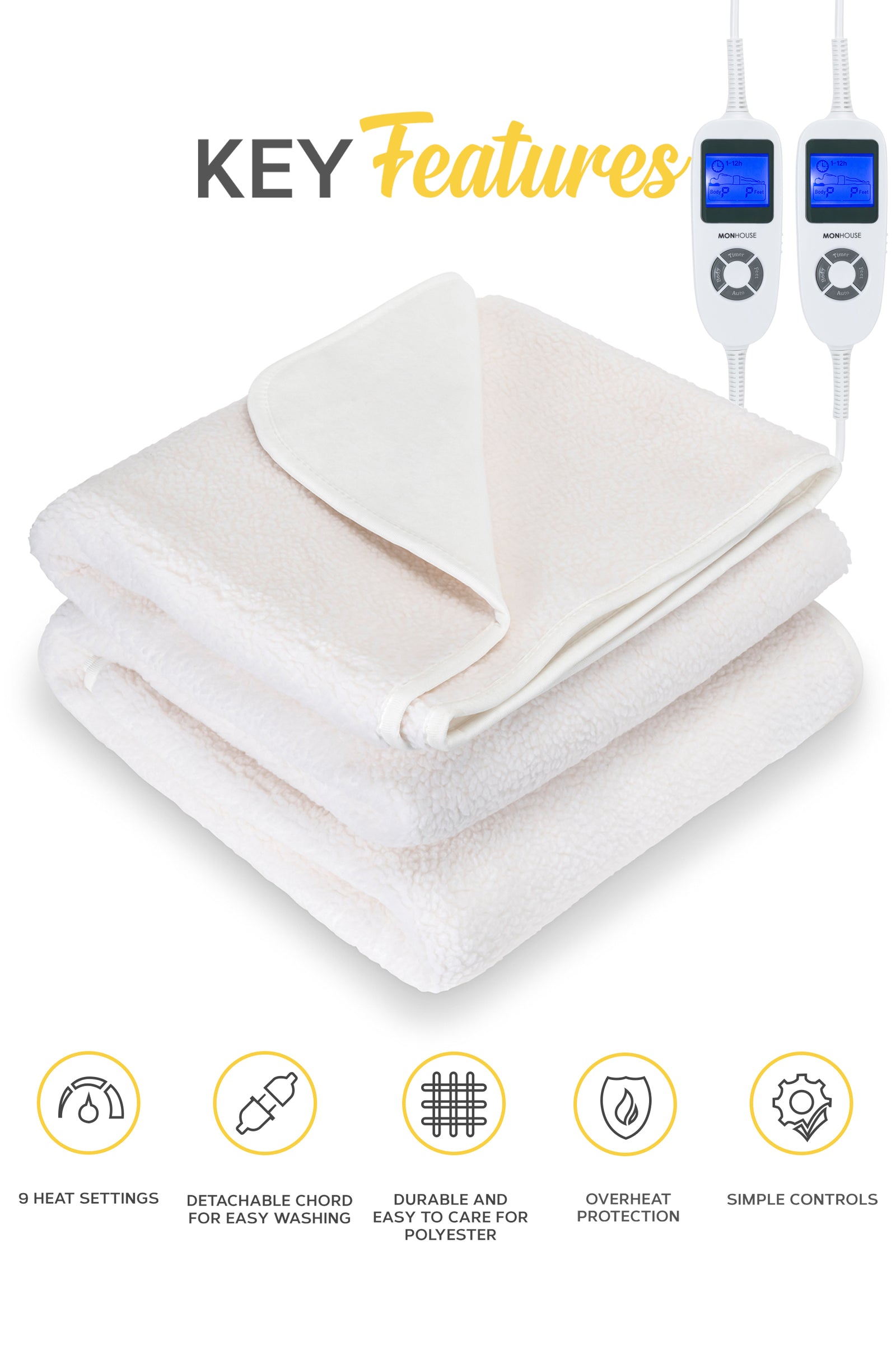Fleece Electric Heated Under Blanket - Controller & 9 Heat Settings | King | White