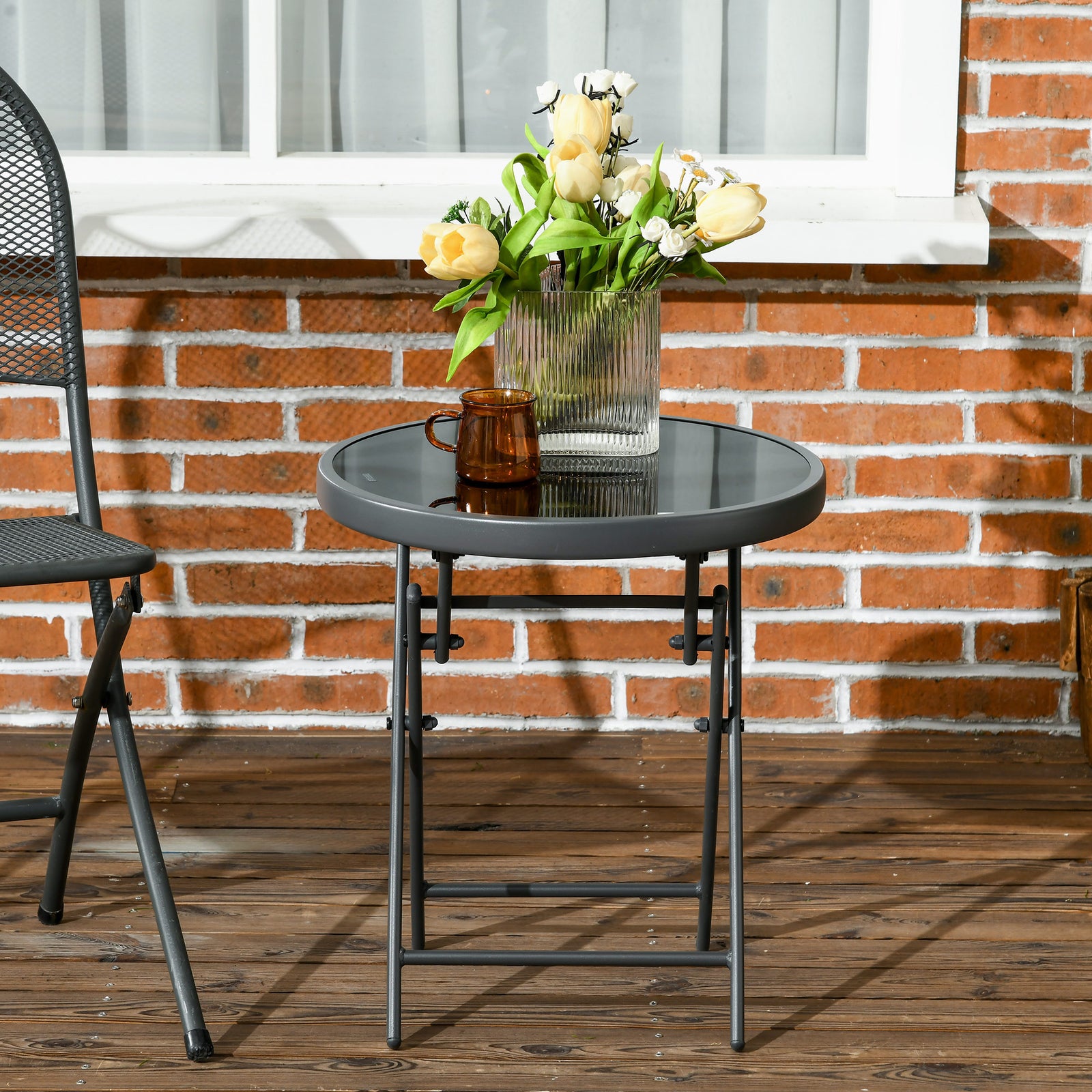 Round Folding Side Table With Imitation Marble Top | Black