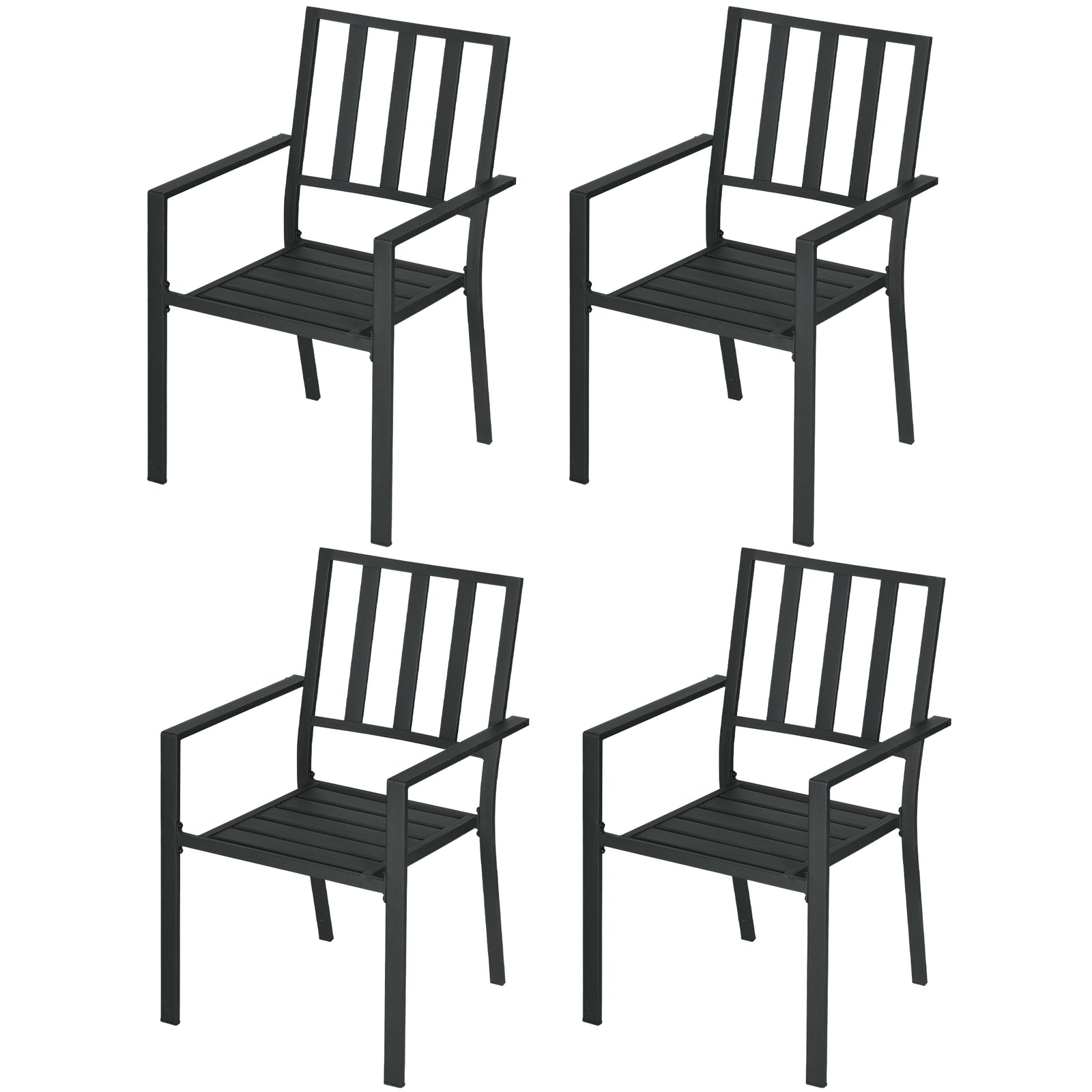 Stackable Outdoor Garden Chairs With Metal Slatted Design | Set of 4 | Black
