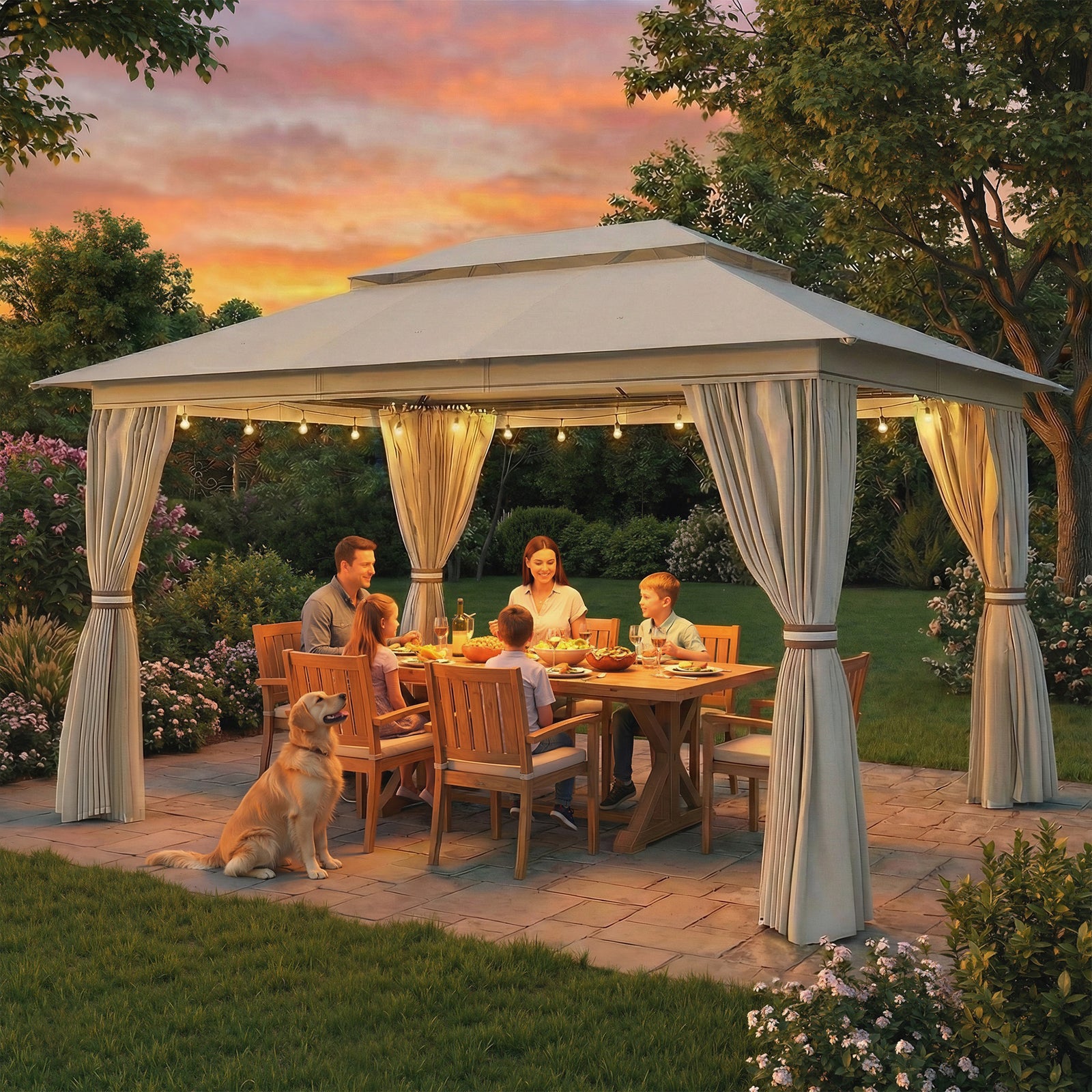 3 X 4 M Outdoor Garden Gazebo With Upf50+ Double roof | Beige