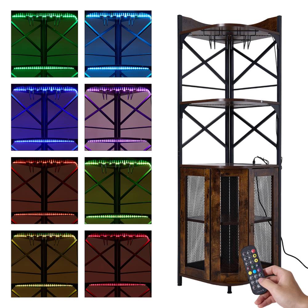 5-tier Corner Bar Cabinet With Built-in Power Outlet And Led Lights | Brown