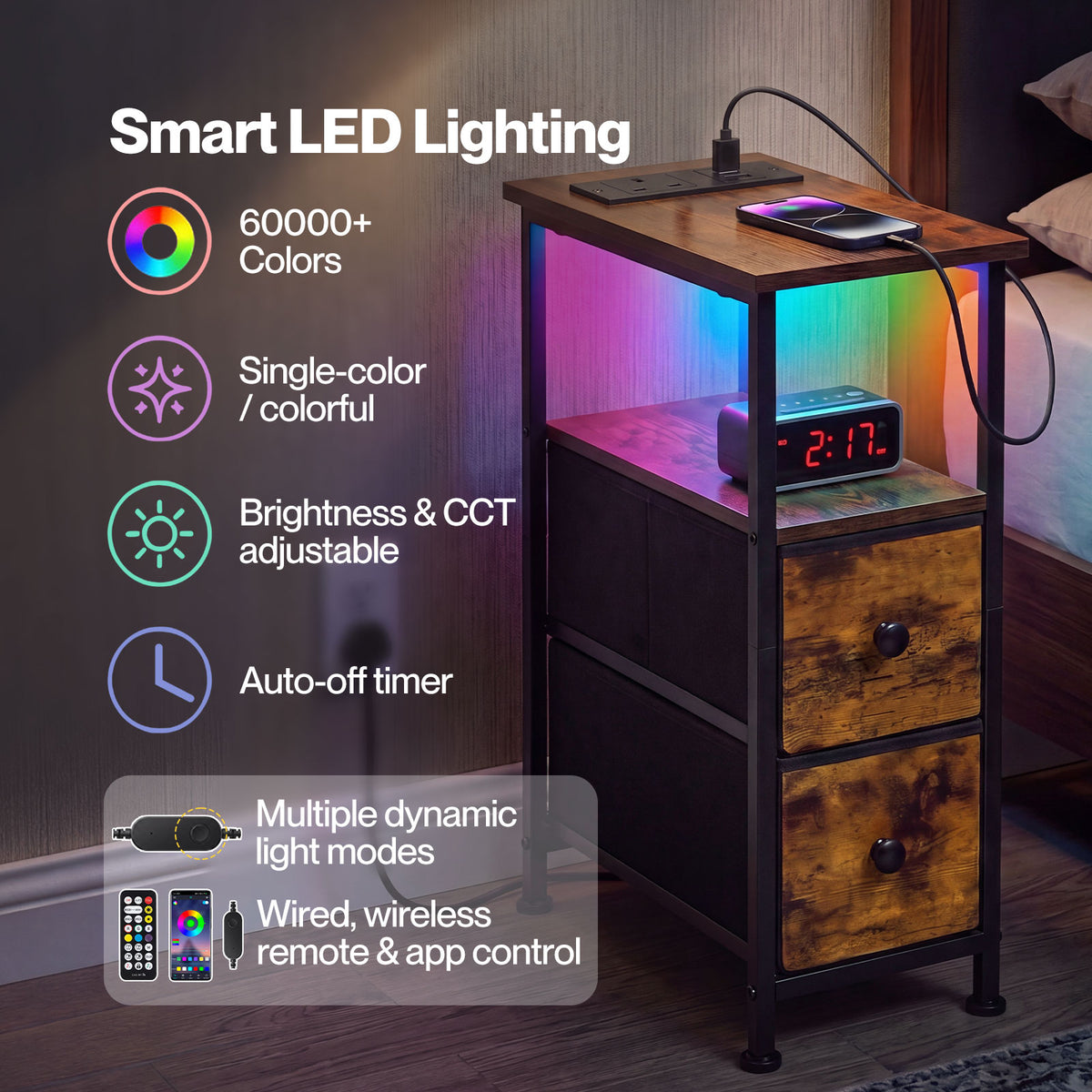 Bedside Table Narrow Side Table With Led Charging Station Storage Brown | Brown