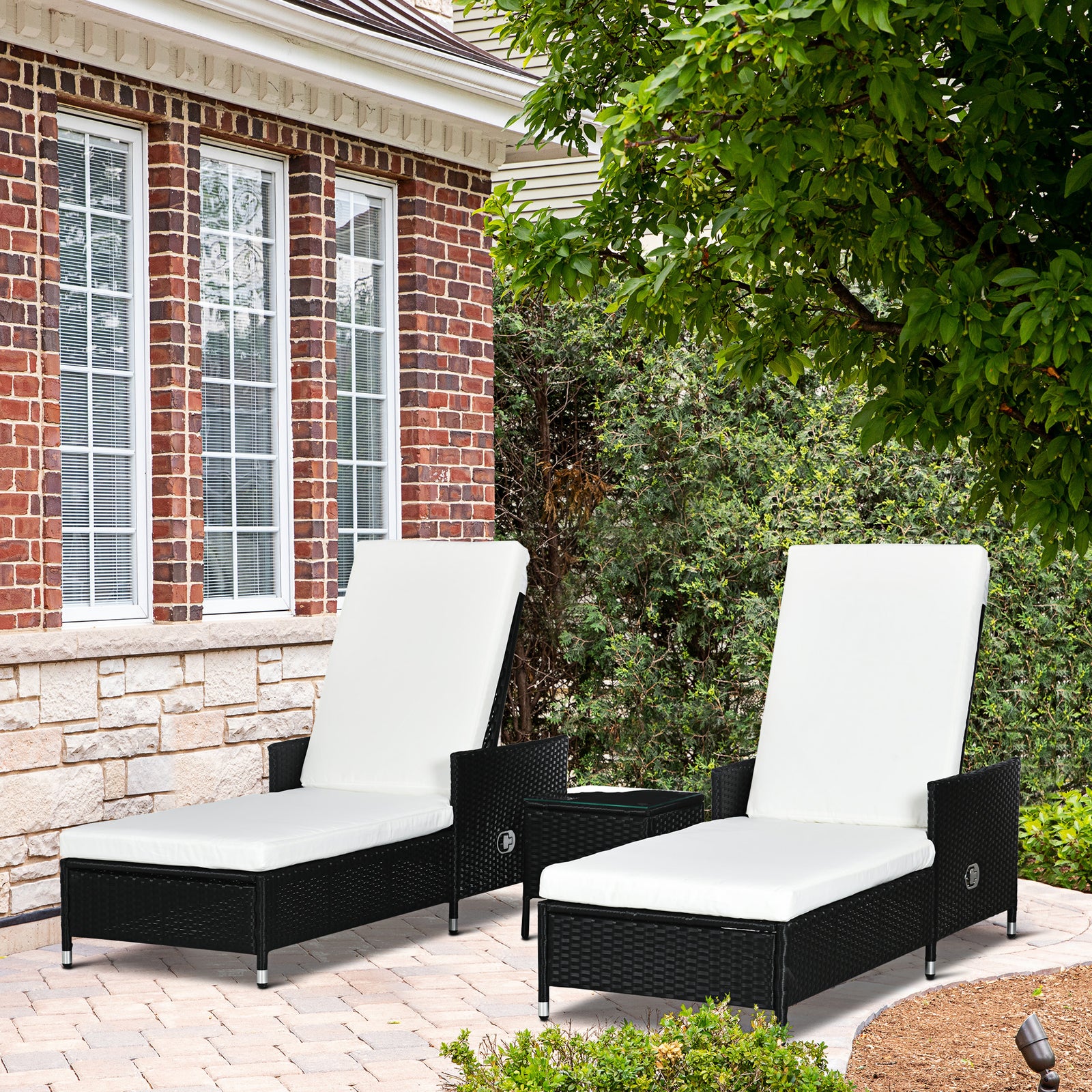 3pc Rattan Sun Lounger W/ Cushions & Table - Cream