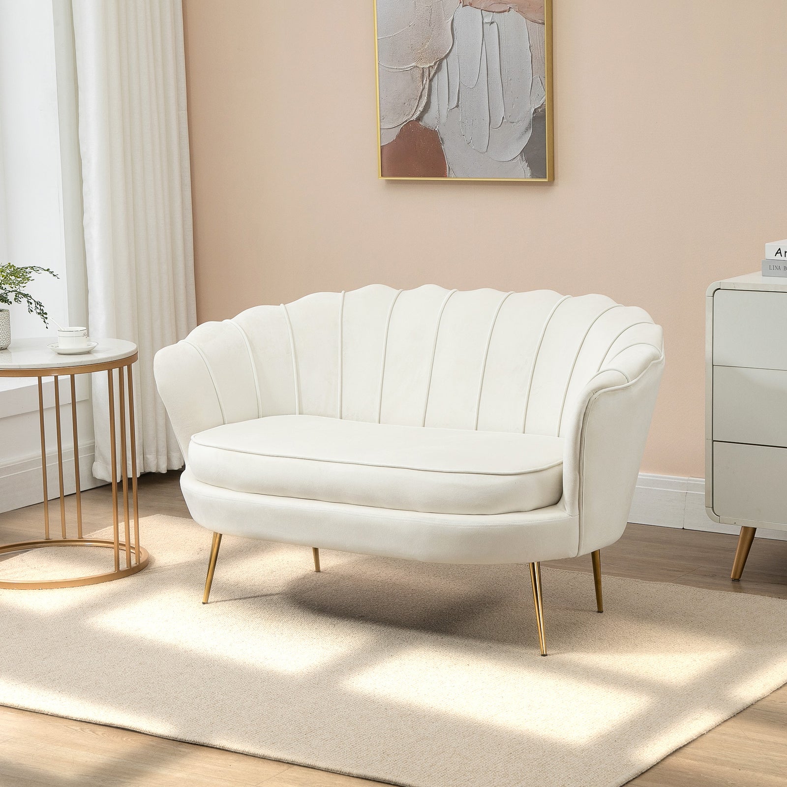 Modern 2 Seater Sofa With Petal Backrest And Steel Legs