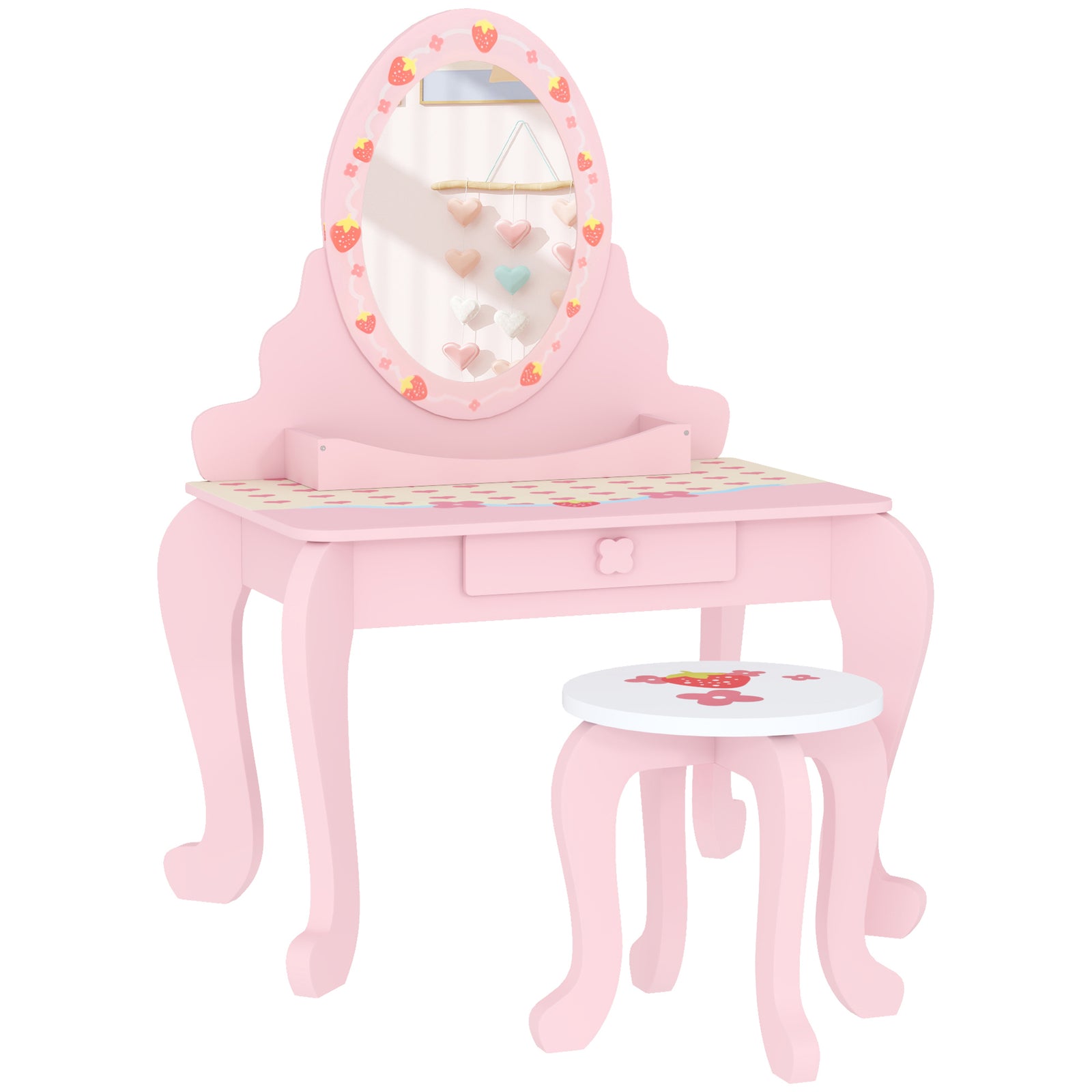 Kids Dressing Table Set, Strawberry Theme Vanity Table With Stool, Mirror Drawer