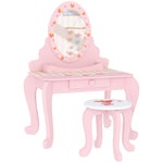 Kids Dressing Table Set, Strawberry Theme Vanity Table With Stool, Mirror Drawer