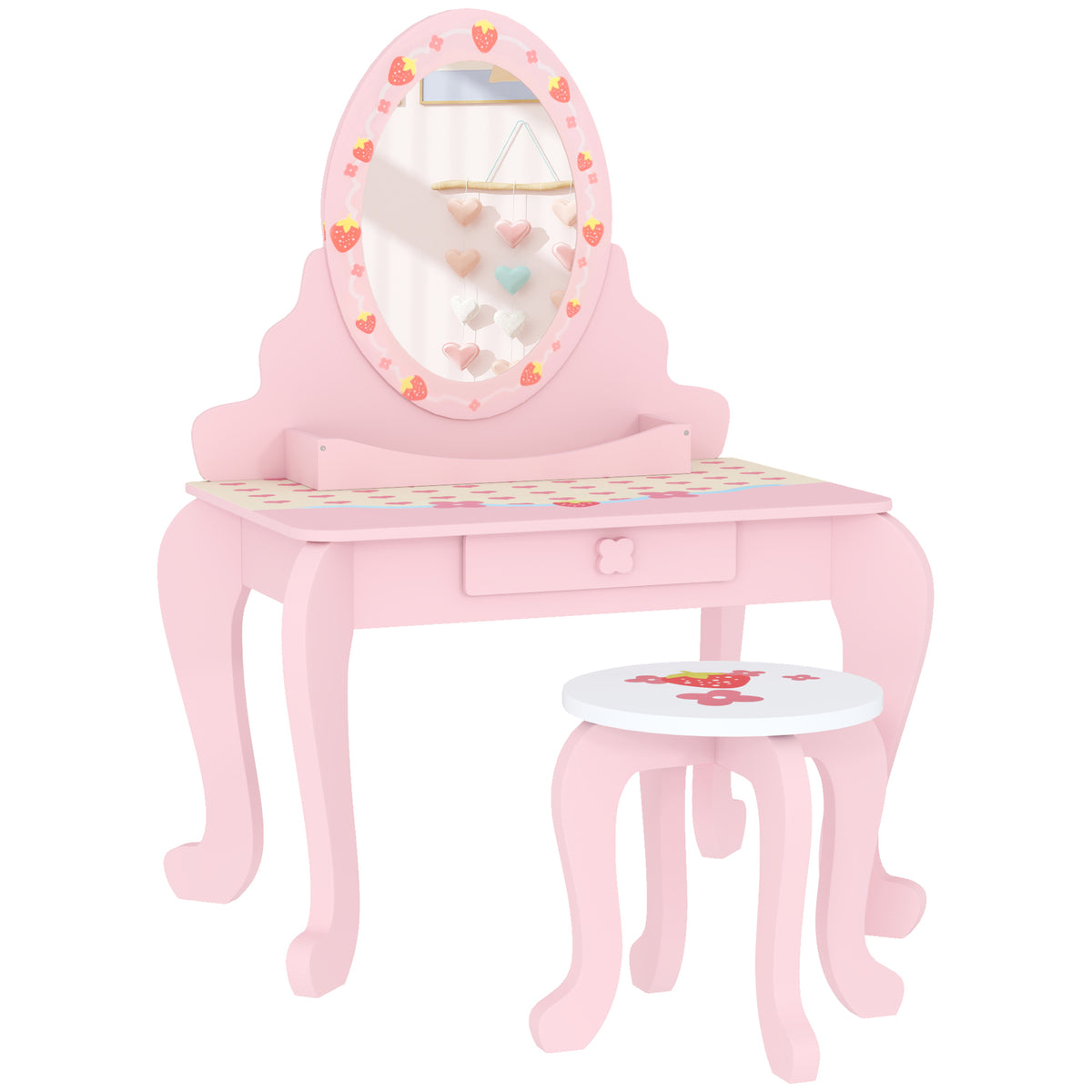 Kids Dressing Table Set, Strawberry Theme Vanity Table With Stool, Mirror Drawer