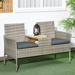 Rattan Garden Bench W/ Glass Table, Wicker Chair, Cushions | Dark Gray