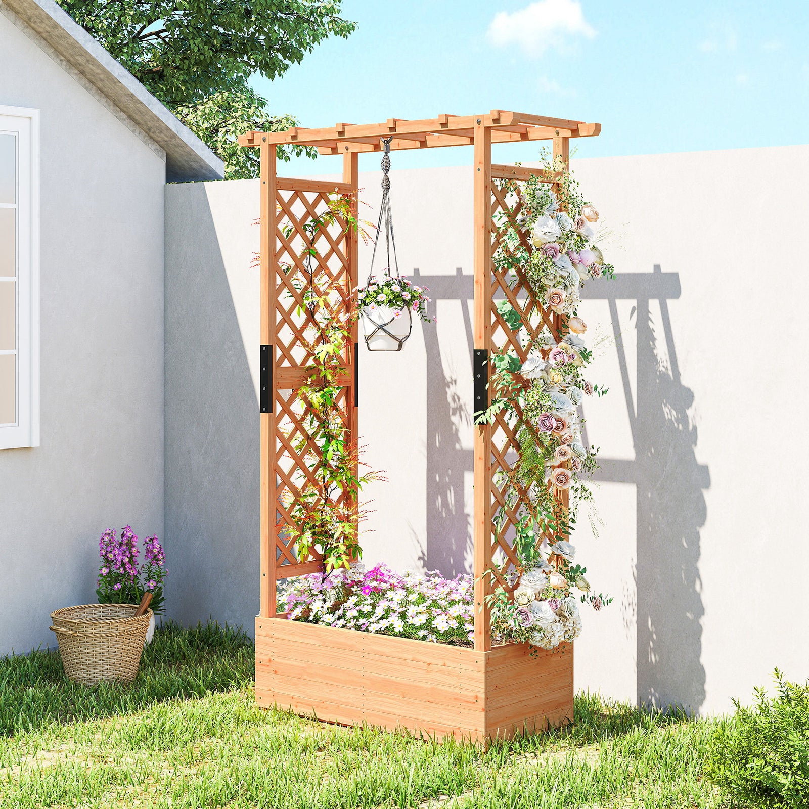Raised Garden Bed With Trellis 110x44x181cm Natural