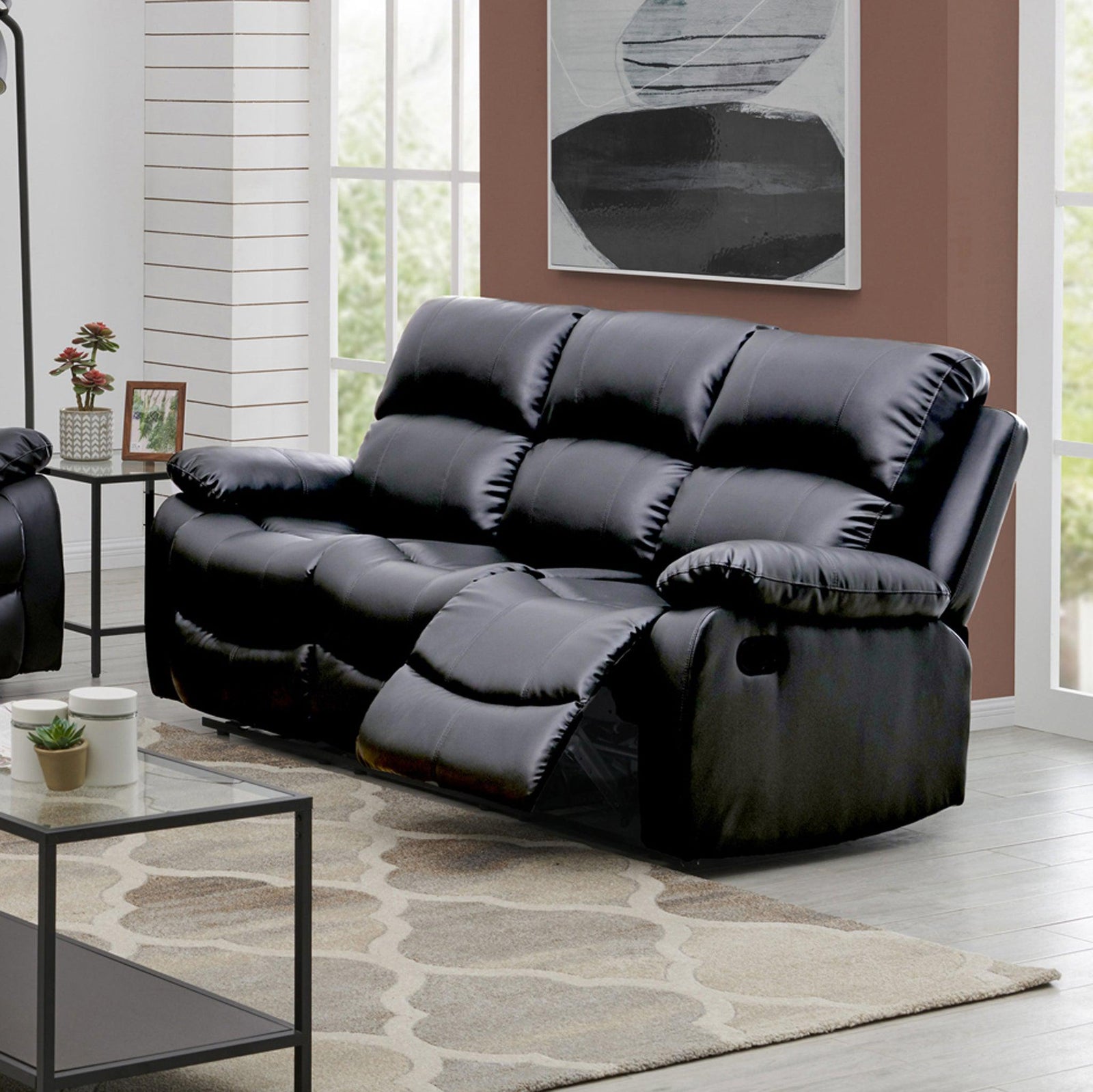 Bonded Leather Recliner Sofa - 3 Seater | Black