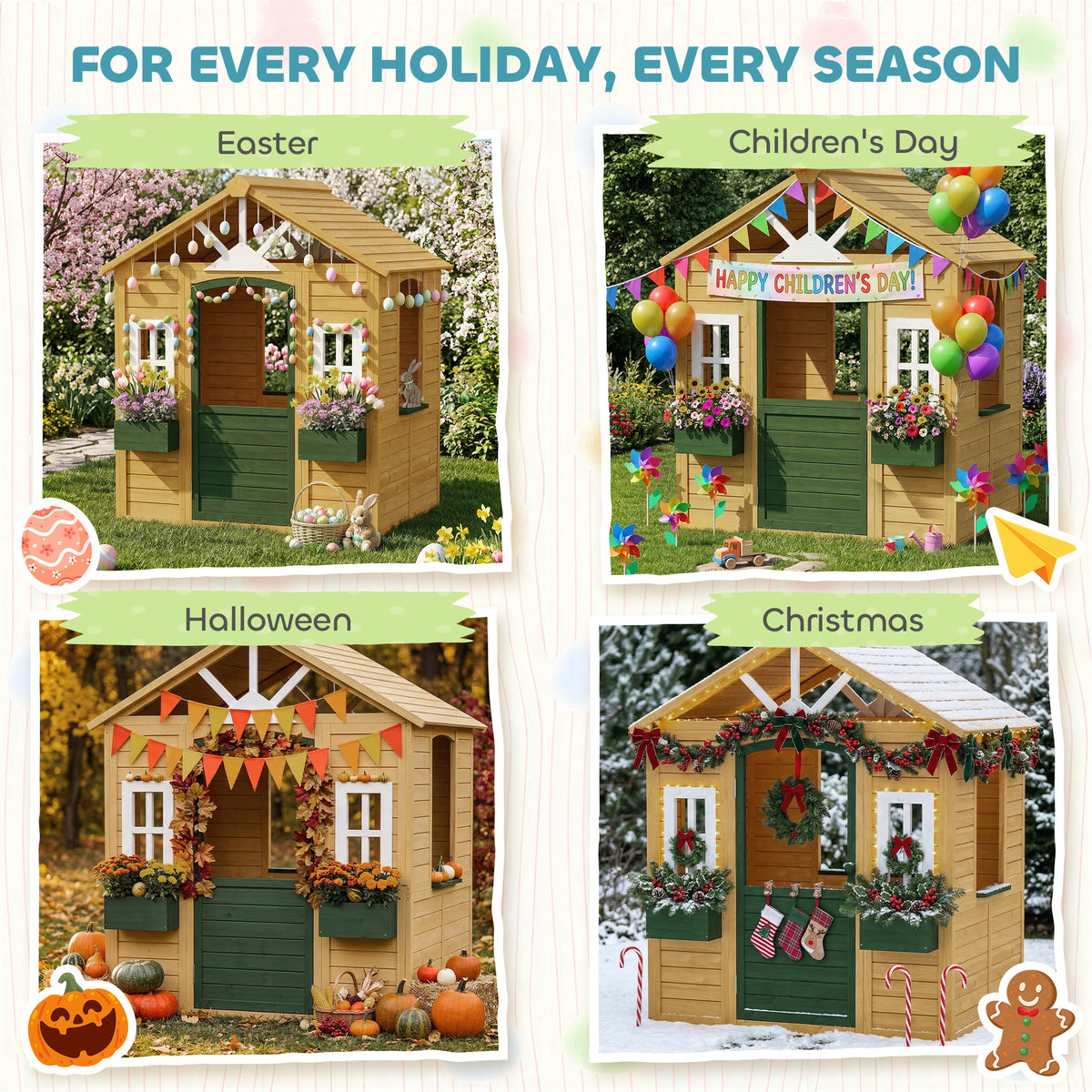 AIYAPLAY Outdoor Playhouse, Wooden Wendy House With Door, 2 Flower Boxes
