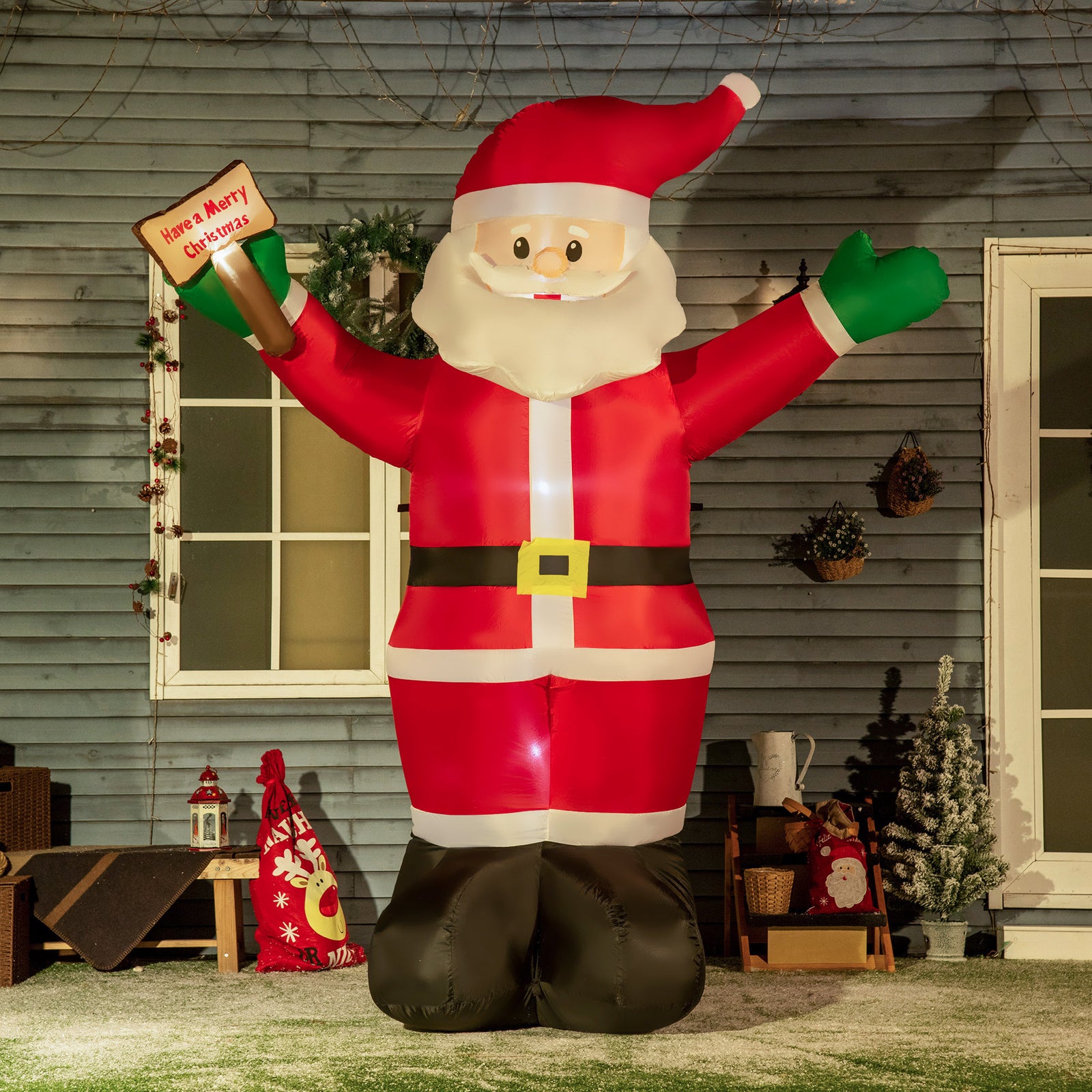 8ft Inflatable Christmas Santa Claus Holds Light Sign Of Led
