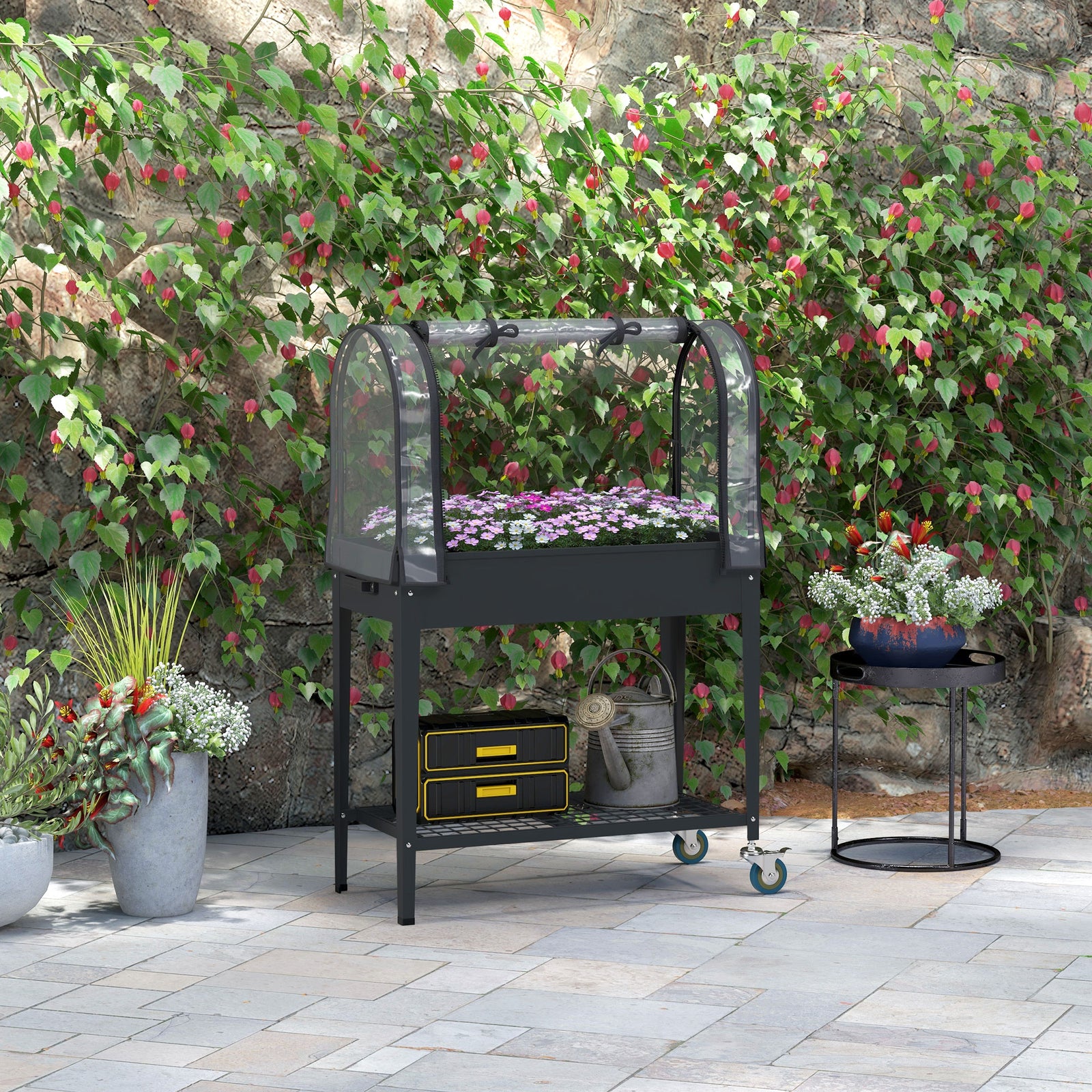 Raised Planter With Greenhouse & Wheels Dark Grey