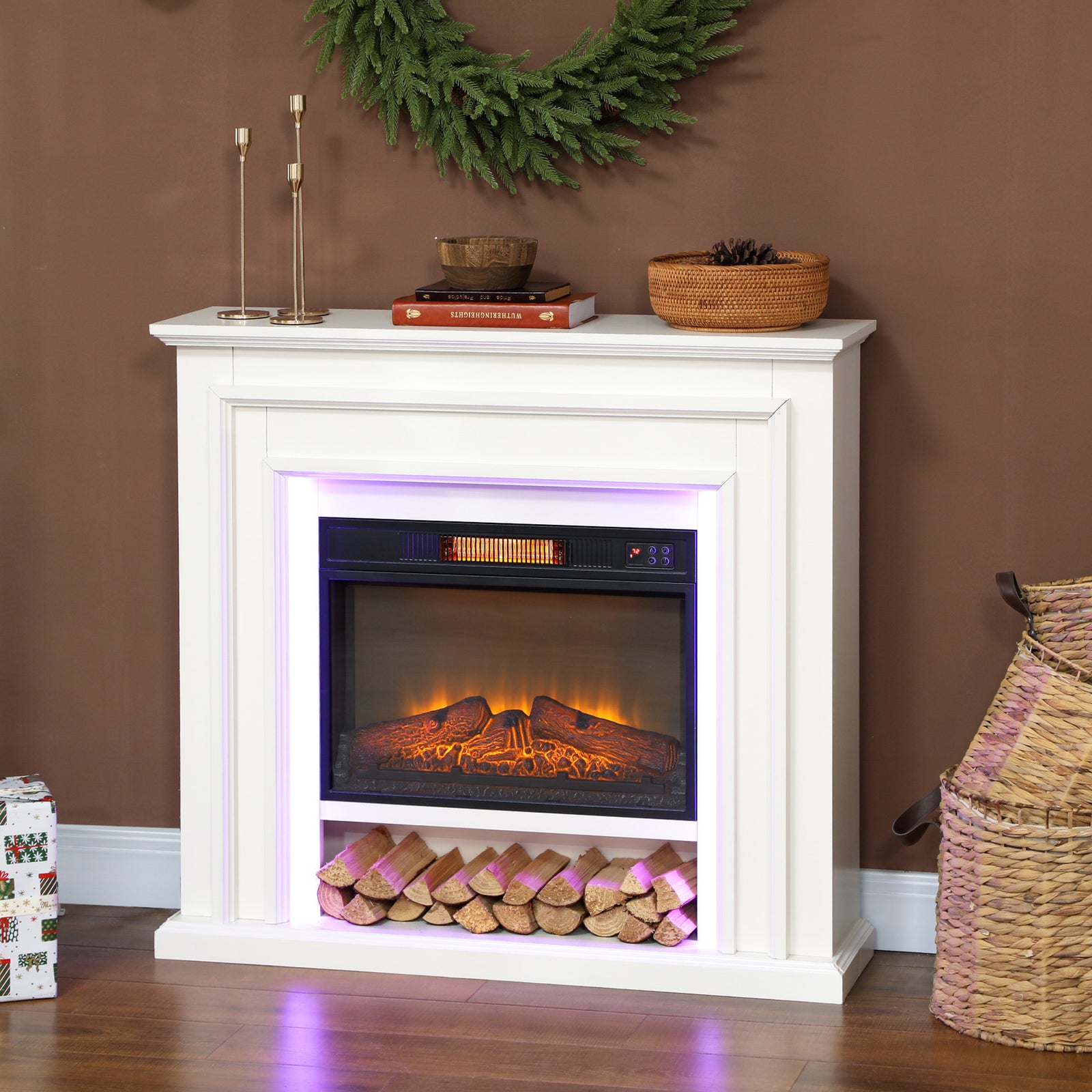 1800w Inset Electric Fireplace And Mantel Reach Up To 30 M², White