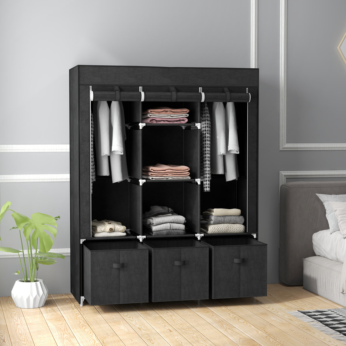 HOMCOM Portable Fabric Wardrobe With 5 Shelves And 3 Fabric Drawers, Black