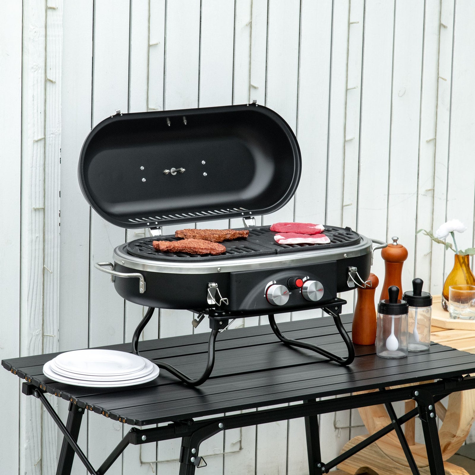 Foldable Bbq Grill, 2 Burner, Table Top | Black