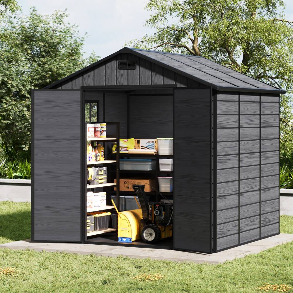 8x6ft Outdoor Apex Roof Storage Shed With Floor, Window,2 Vents & Double Lockable Doors,wood Grain Design
