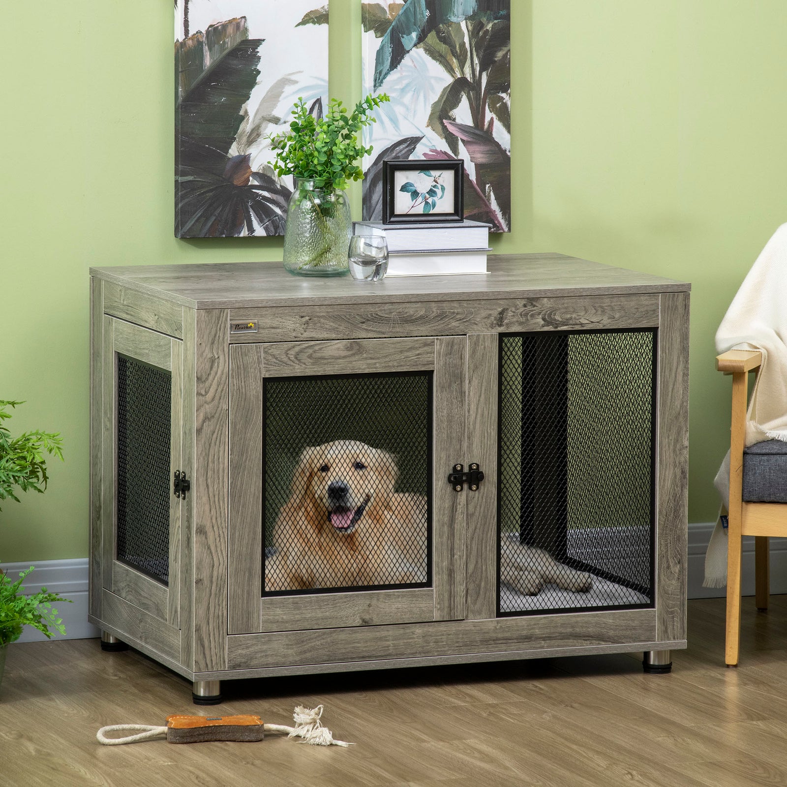 Dog Crate Table W/ Cushion Two Doors - Grey | Gray