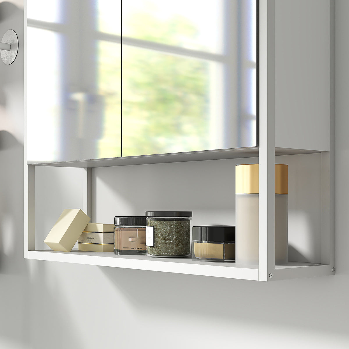 Industrial Bathroom Cabinet With 2 Mirrored Doors Open Shelf | White