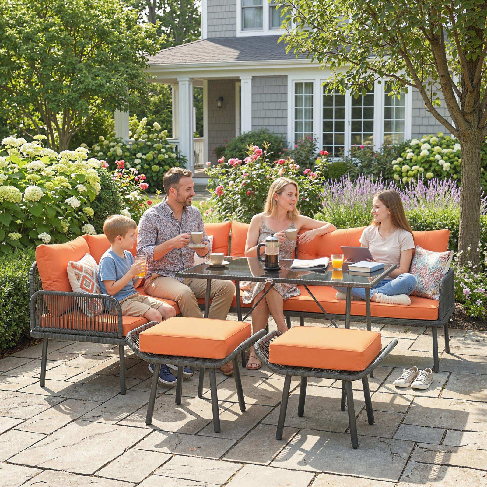 Sectional Outdoor Furniture With Glass Top Table | Orange
