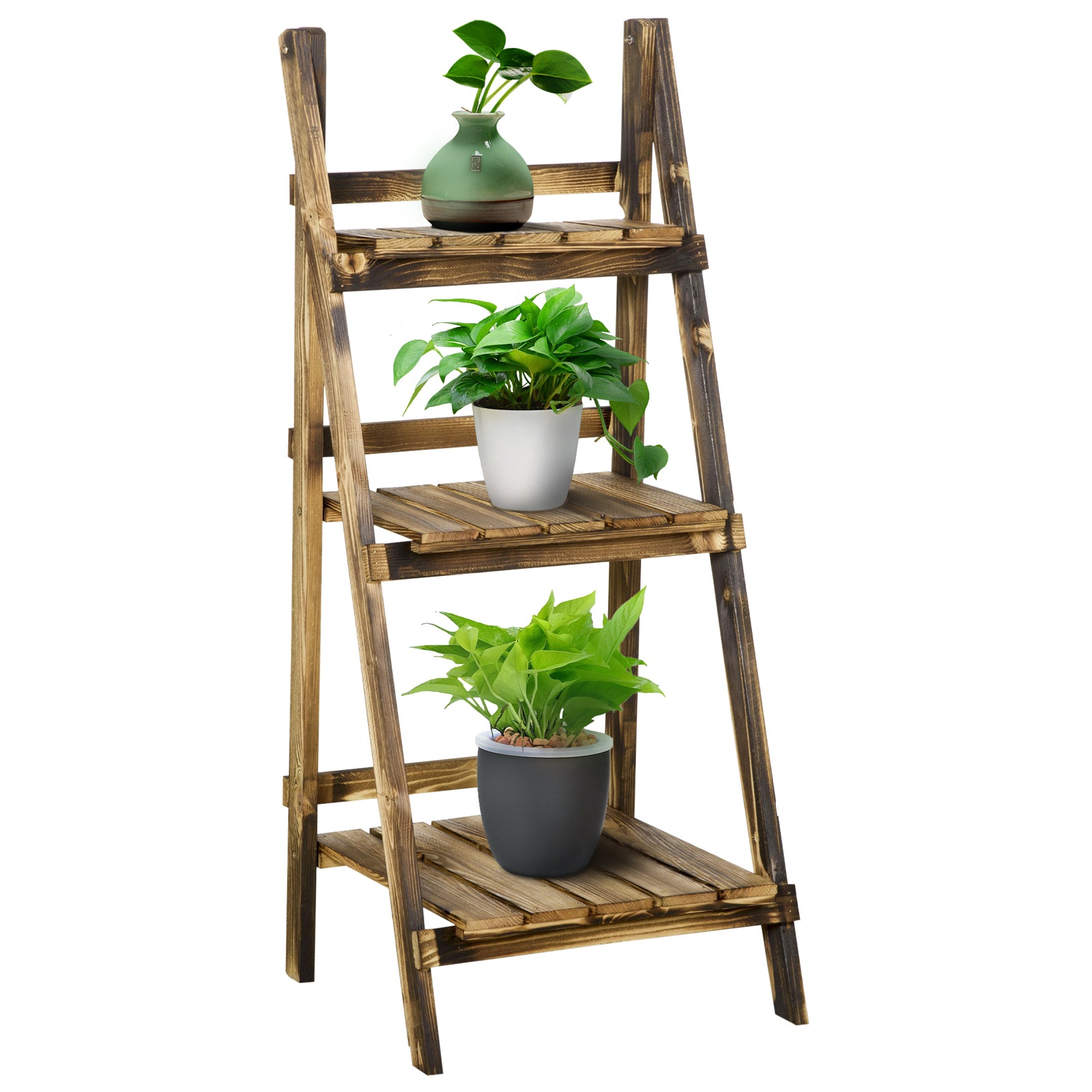 Flower Stand Plant Display Rack 3-tier Foldable Wood Garden | Small | Brown