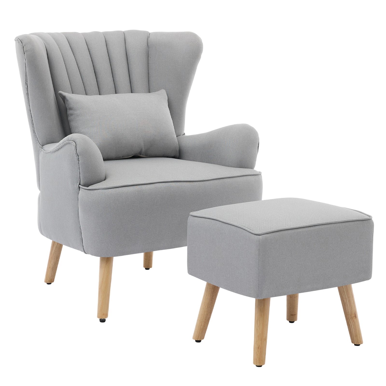Modern Wingback Accent Chair Armchair With Footstool And Lumbar Pillow | Light Grey