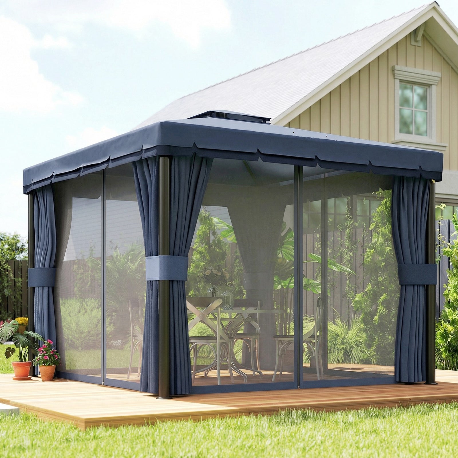 3 X 3(m) Garden Gazebo Shelter Party Tent With 2 Tier Roof | Dark Blue