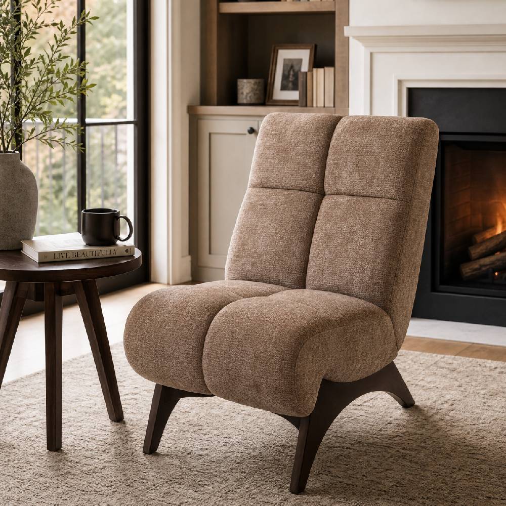 Modern Upholstered Accent Chair High Back Lounge Chair Padded Chenille Armchair With Wooden Legs | Brown
