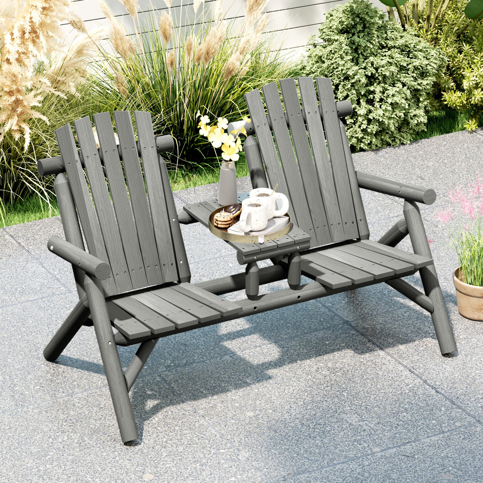 Wood Patio Bench 2 Seats W/ Centre Coffee Table, Grey