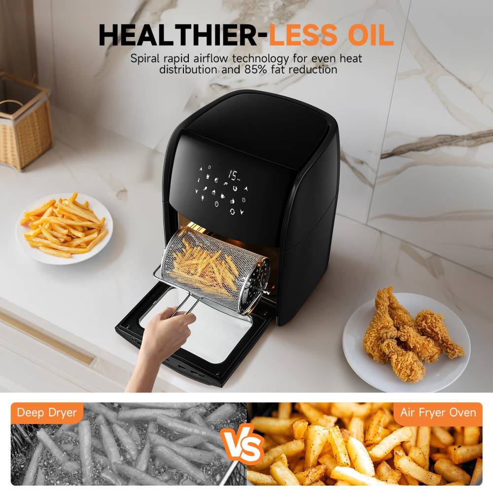 12l Digital Air Fryer Oven With Rotisserie & Skewer Set – 1800w Large Capacity, Touch Panel, 8 Preset Modes, Mesh Tray & Oil Collection Tray