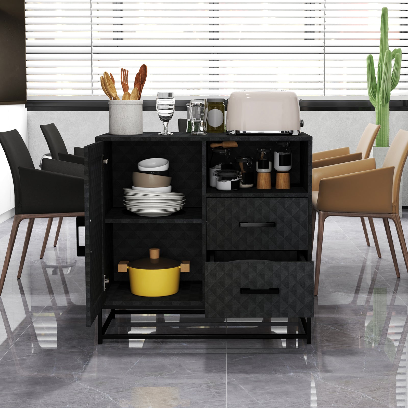 Cupboard With Adjustable Shelf, Open Compartment | One Size | Black