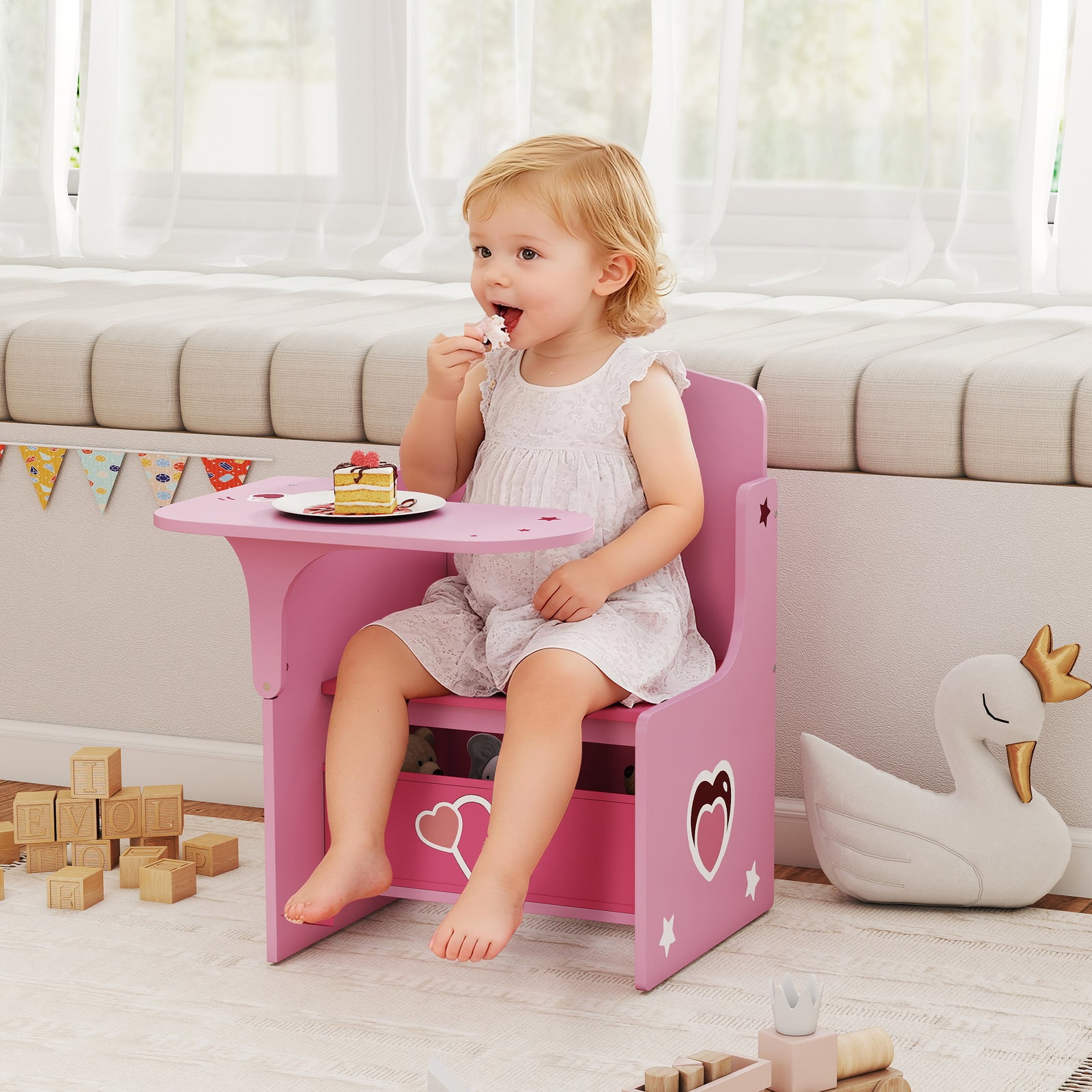 Kids Table And Chair Set, Toddler Desk Chair With Storage Bins | Pink