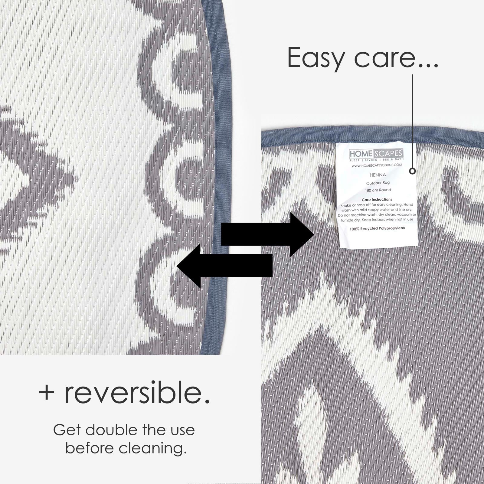 Luxury Outdoor Rug Waterproof Reversible Round For Garden Patio 100% Recycled, Grey Henna