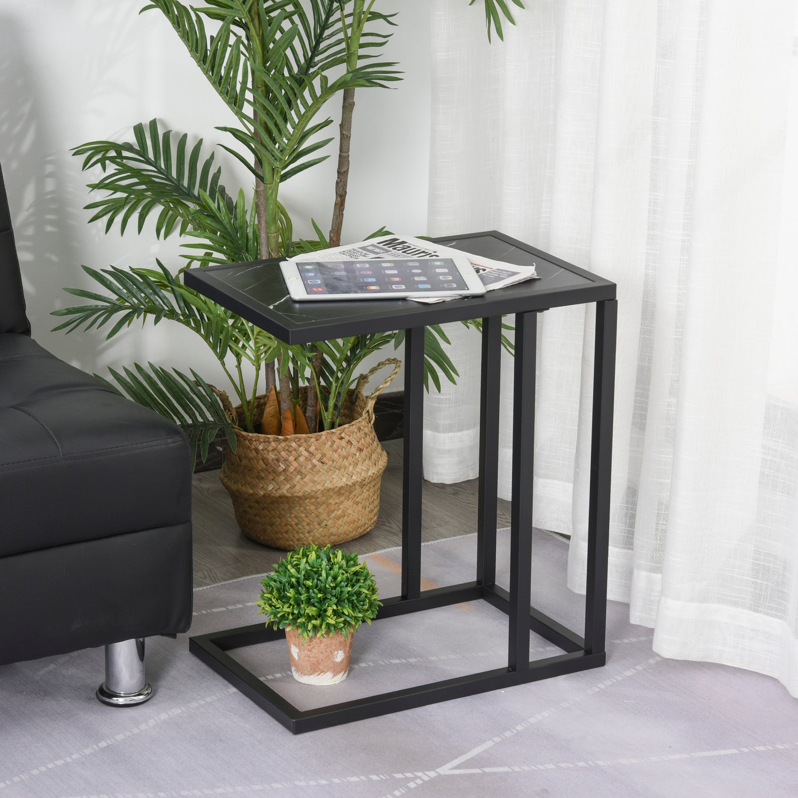 C Shape Side Table Marble-effect Top Metal Frame | Black