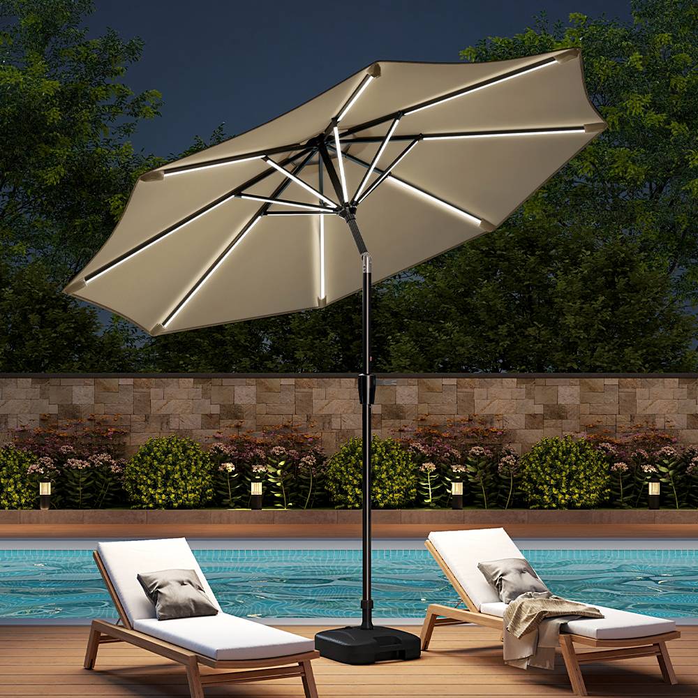 3m Solar Led Patio Umbrella, Outdoor Parasol With 16 Led Tubes, Crank Lift & Push Button Tilt With Fillable Base | One Size | Beige