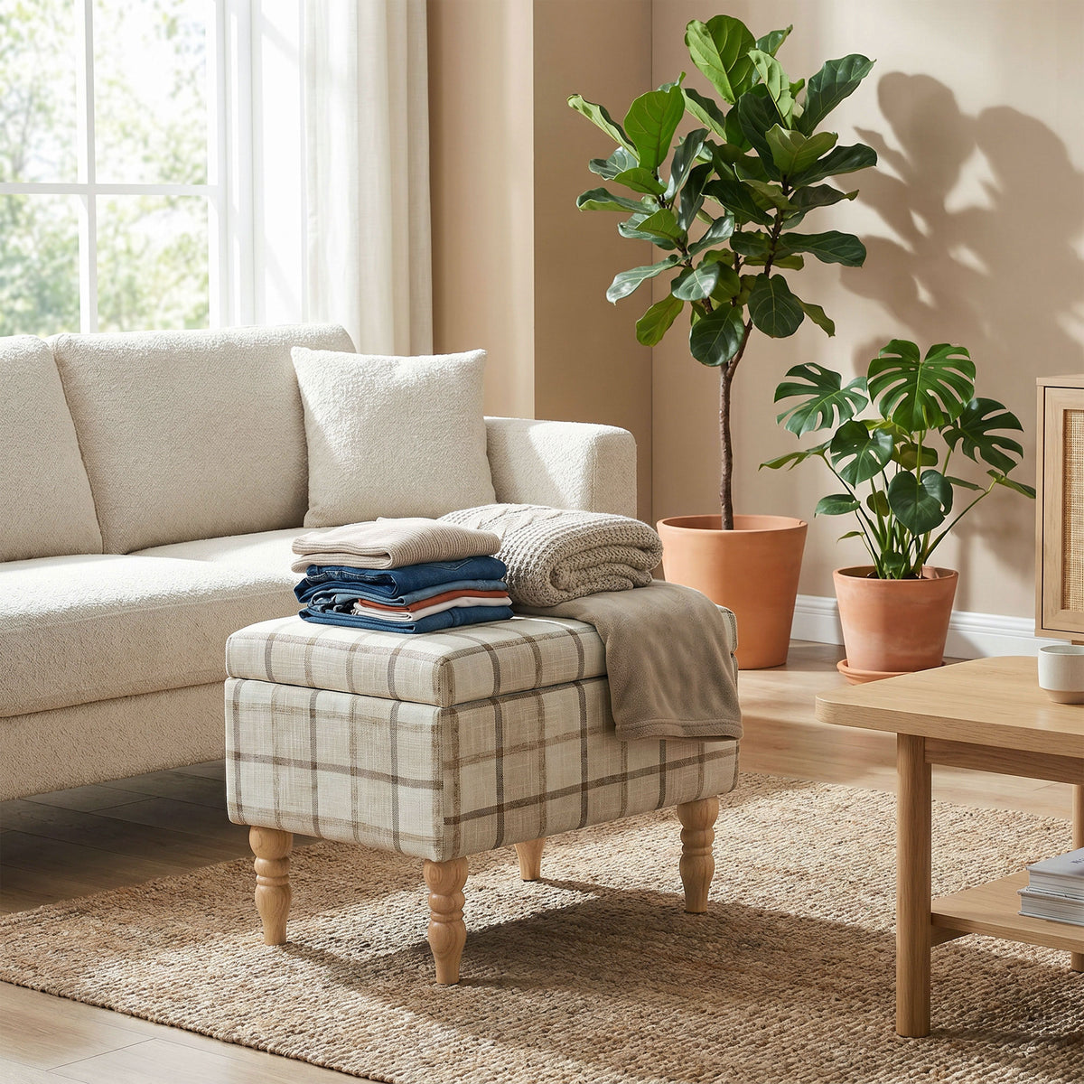 Linen Fabric Upholstered Footstool With Removable Top | Brown