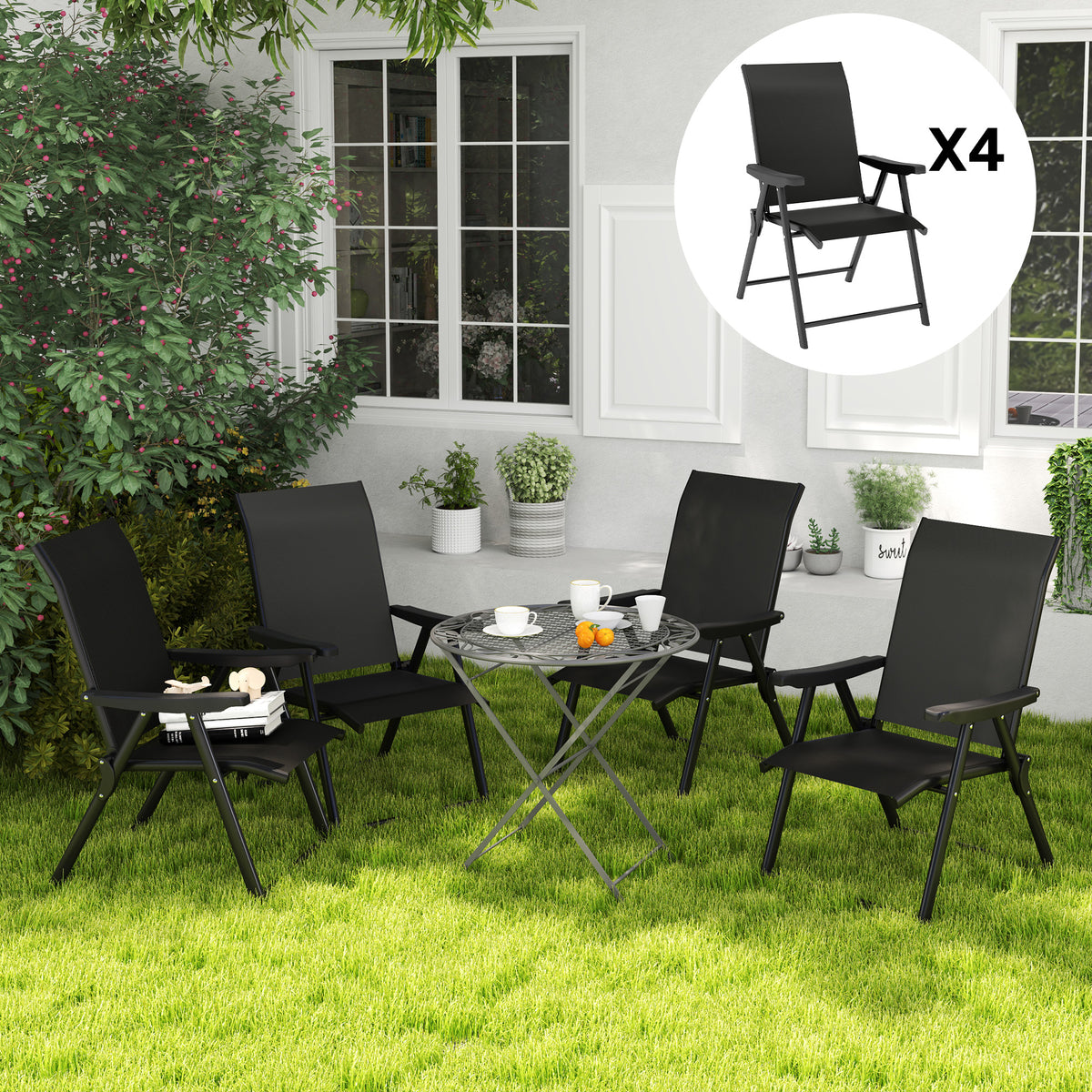 Folding Chair W/ Breathable Mesh Fabric Seat | Set of 4 | Black
