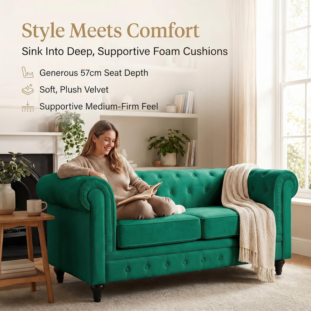 Chesterfield Scroll Arm Velvet Sofa 2 Seater | Emerald