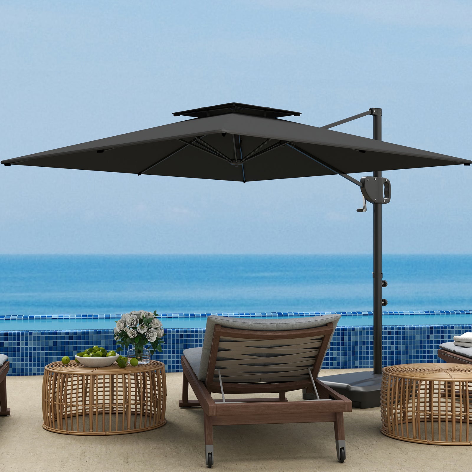 Garden Cantilever Parasol W/ Weighted Base Tilt Crank | Dark Gray