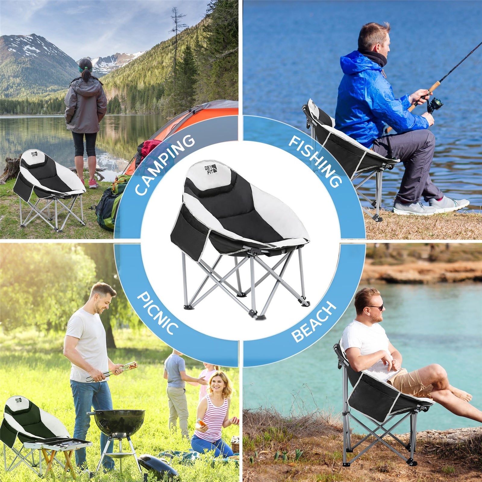 Moon Camping Chair - Portable Outdoor Premium Folding Chair For Adults With Magazine Pocket, Cup Holder & Carry Bag - Heavy Duty Foldable Chair | Single | Jet Black