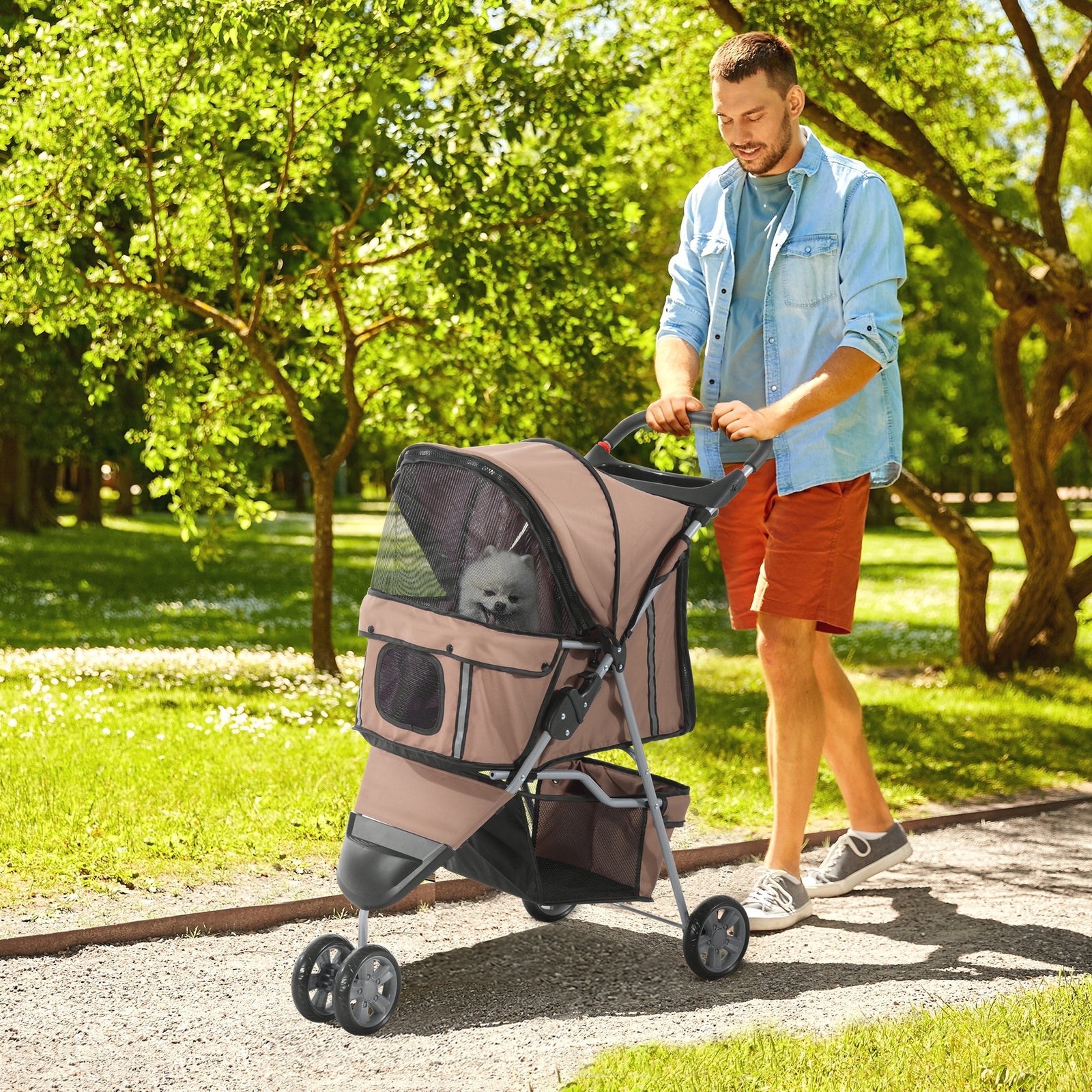 Pet Stroller Pushchair Carrier For Cat Puppy With 3 Wheels | Brown