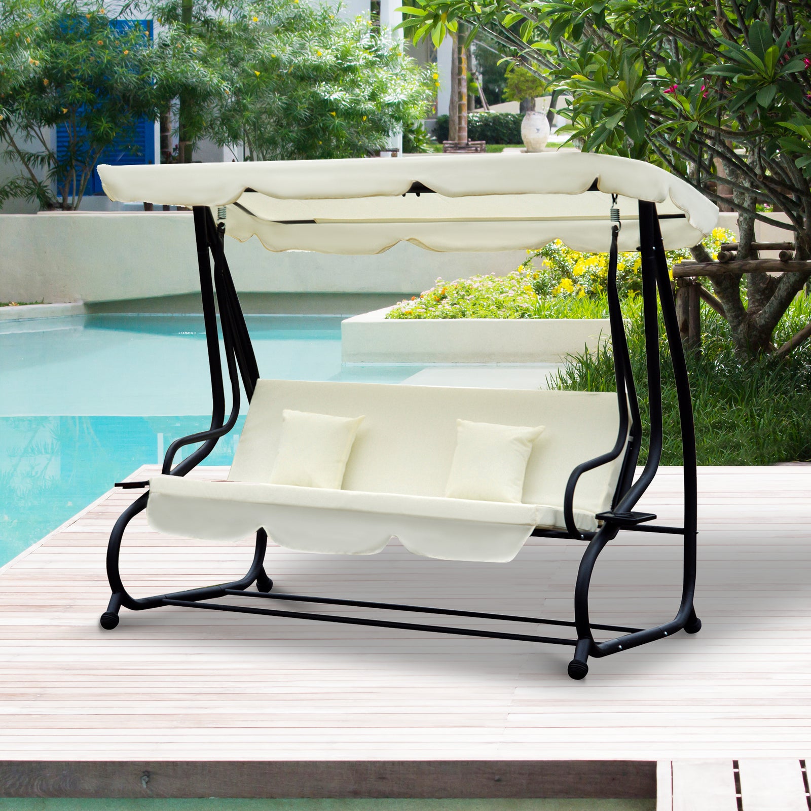 3 Seater Swing Chair For Outdoor W/ Adjustable Canopy | Cream