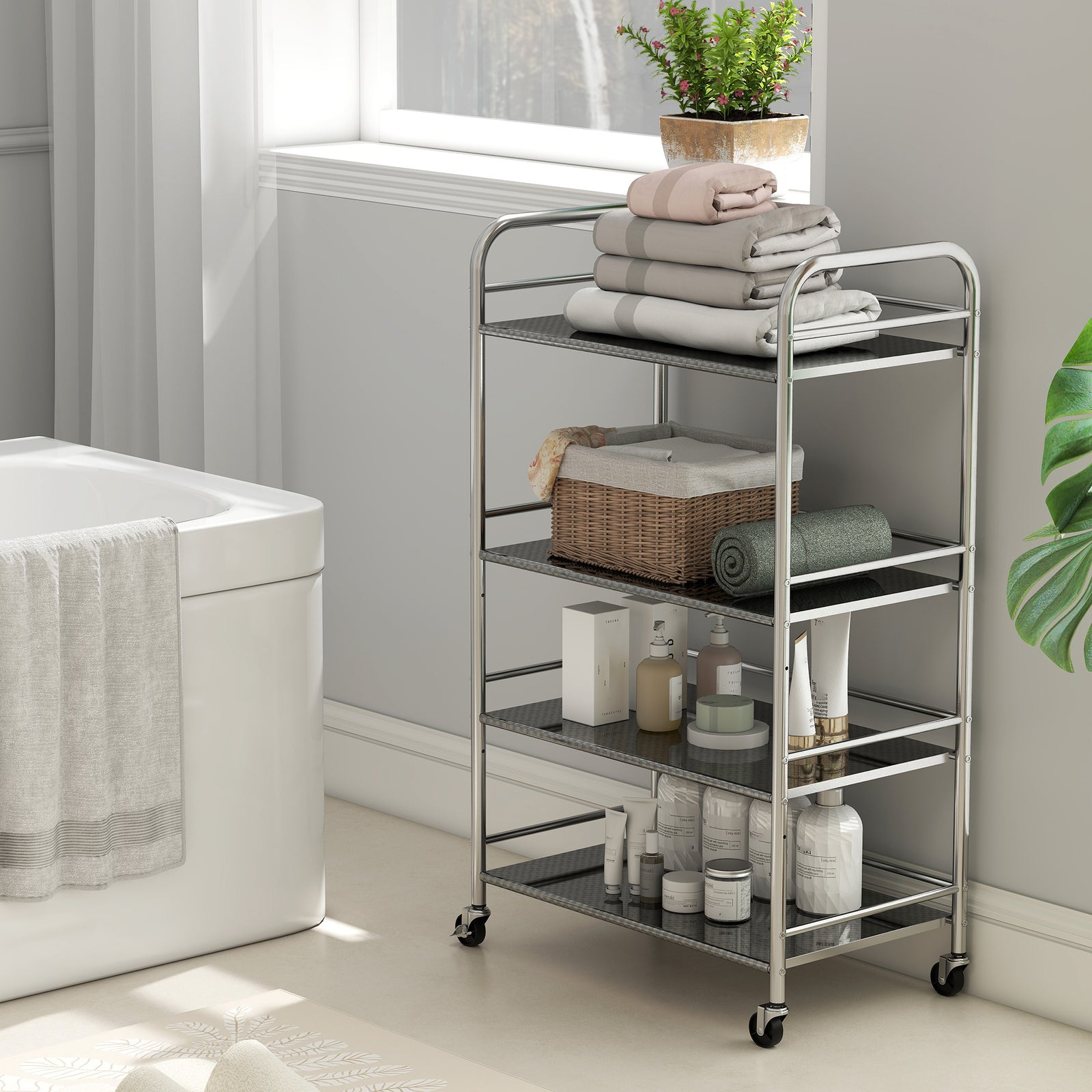 4 Tier Kitchen Trolley On Wheels Serving Cart With Handles Silver