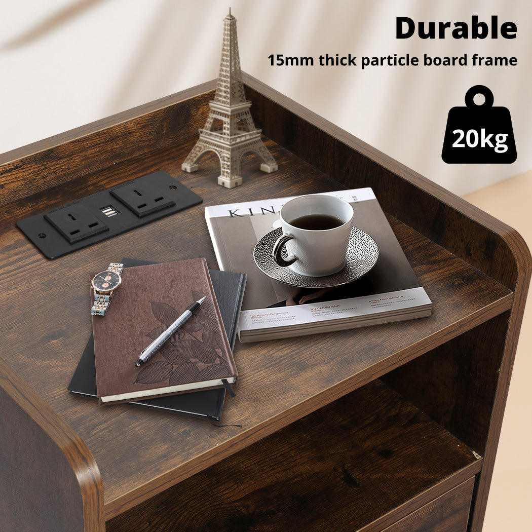 Bedside Table Nightstand Usb Charger Outlet Rgb Led 3 Drawers Oak | Oak