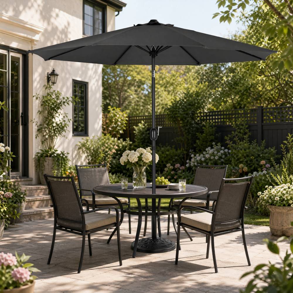 3m Garden Parasol Adjustable Tilting Parasol With Crank Handle With Classic Design Heavy-duty Round Base | One Size | Black