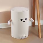 12l Cream-white Step-on Trash Bin With Soft-close Lid And Removable Inner Bucket, Decorative Face Design